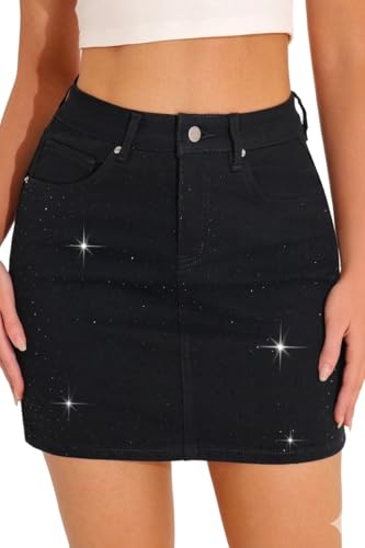 GUANYY Jean Skirts for Women Denim Sparkle Rhinestone Diamond High Waisted Stretch Mini Skirt Black Large