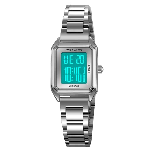 MASTOP Gold Digital Watch for Women Square Stainless Steel Waterproof LED Watch with Date, Alarm, Stopwatch, Countdown (Silver White) by MASTOP - Used condition - Image 2