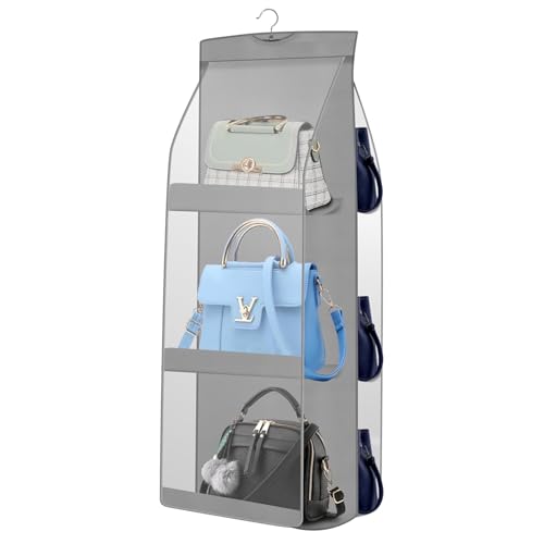 Image of Handbag Organizer, 6-Pocket Hanging Purse Holder, Clear PVC Windows for Quick Identification, Stainless Steel Swivel Hook, Grey, Large