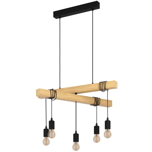 EGLO Suspension luminaire Townshend, lustre chambre vintage à 5 flammes, plafonnier salon ou salle à manger en bois naturel et métal noir, douille E27