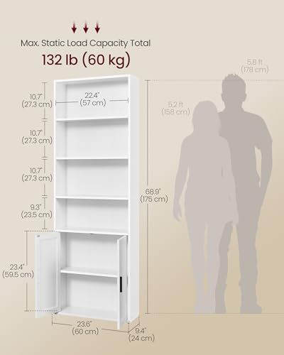 Image of VASAGLE Custos Collection - Bookshelf, 6-Tier Tall Bookcase, Book Shelf with Doors, Open Storage Shelf, 9.4 x 23.6 x 68.9 Inches, for Living Room, Home Office, Dining Room, Cloud White ULBC402W01