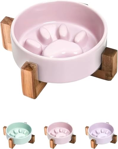 KOKUMON早食い防止ペット食器 犬猫用フードボウルスタンド 陶器ボウル + 木製台セット 餌入れ・ペット皿両用 滑り止め設計で安定感 取り外し可能で手入れ簡単 天然木材・食品用陶器 ペットの摂食速度調整 過食・むかつき防止 キッチン・リビングに最適 小