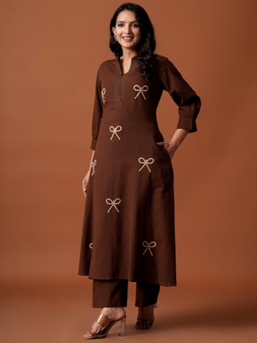 Image of INDO ERA Women's's Pure Cotton Embroidered Kurta Women | Floral Neck & Hem Embroidery | Cotton Kurta Women |