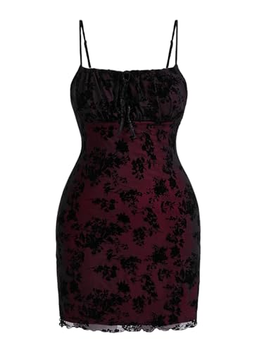 Women's Plus Size Goth Floral Mesh Cami Dress Y2k Bow Tie Square Neck Sexy Sleeveless Party Dresses