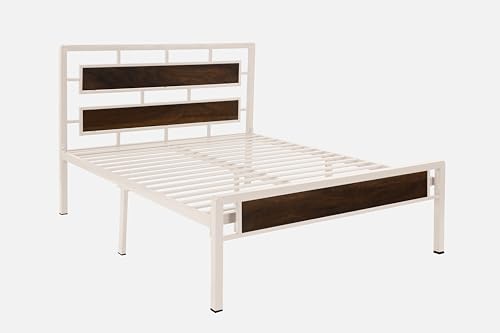 Image of Zeek Metal Queen Size Bed Without Storage | Wrought Iron Double Bed with Headboard & Footboard | Sturdy Powder Coated Platform Bed Queen Size Cot for BedroomLivingRoom Ivory (75x60)