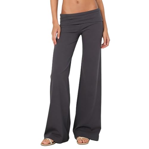 Image of Lounge Yoga Pants for Women Fold Over Low Waist Wide Leg Bell Bottoms | Y2K Foldover Pants, Flare Leggings, Low Rise Yoga Sweatpants