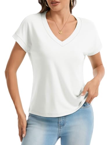 Image of UNCLECAT Womens Crop Tops V Neck Short Sleeve T Shirts Summer Basic Tee