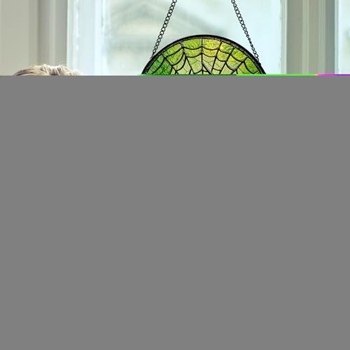 Image of Glass Window Hanging - Black Green Horror Spider Web Suncatcher for Doors Garden Patio Sun Catchers Decor Christmas Halloween Birthday Gifts for Women Men Mom Nana Friend 15 in