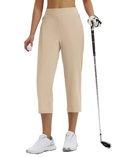 Image of baleaf 20'' Women Capris with Pockets Stretch Golf Work Dress Cropped Pants Straight Leg High Waisted Pull On Summer