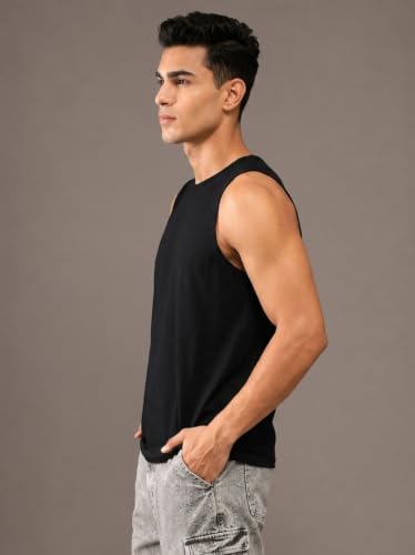 Image of CHKOKKO Sleeveless T-Shirt for Men Sando Tank Top Premium Cotton Blend Cut Sleeves Shirt as Casual, Lounge or Beach Wear Tshirt Muscle Fit Vest in Plain Round Neck