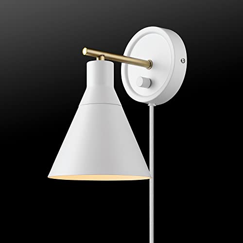 Globe Electric 65542 1-Light Plug-in or Hardwire Wall Sconce, Matte White, Brass Accent, Stepless Dimming Rotary Switch, Fabric Cord, Modern Lighting for Apartment or Renters, Home Decor by Globe Electric - Image 2