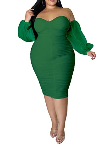 Image of EDITCOZY Women Plus Size Dresses Curvy Off Shoulder Long Sleeve Cocktail Wedding Guest Bodycon Club Midi Dress Green 3XL