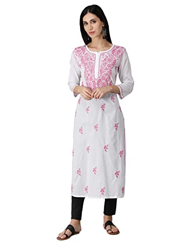 Image of Seva Chikan Hand Embroidered Lucknowi Chikankari Regular Straight Cotton Kurta Kurti for Women SCL4243