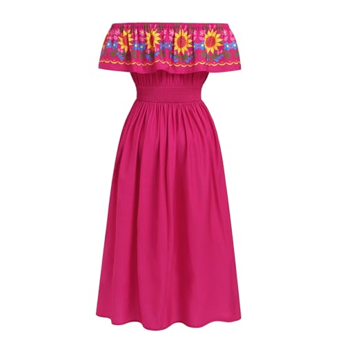 Image of ABEHIK Mexican Dresses for Women Traditional Off Shoulder Summer Floral Sunflower Fiesta Long Maxi Dress Cinco de Mayo Outfit