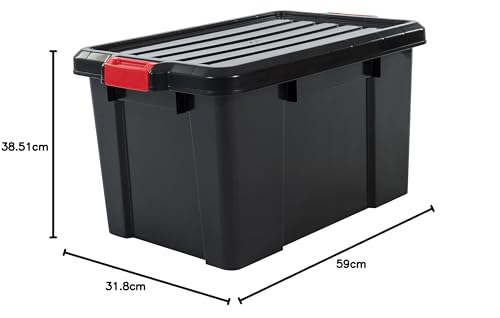 Iris Ohyama, Kunststoff Werkzeugaufbewahrungsboxen mit Deckel und Clipverschluss, 50L, 3er Set, nestbar, BPA frei, Dachboden, Schuppen, Garage, SK-450, Schwarz