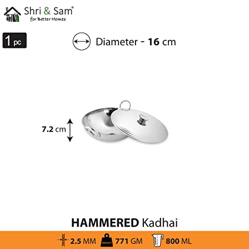 Shri & Sam Stainless Steel 0.8 Litre Triply Deep Pro Light Weight Hammered Kadhai with Lid, 16 cm, 771 Grams, Gas & Induction Compatible, 5-Year Warranty