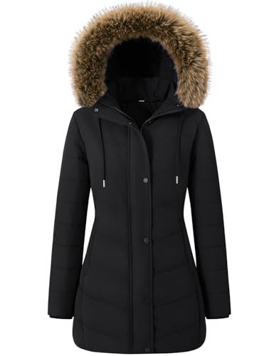 Gihuo Women's Winter Puffer Coat Warm Long Quilted Jacket with Faux Fur Hood (US, Alpha, X-Large, Regular, Regular, Black)