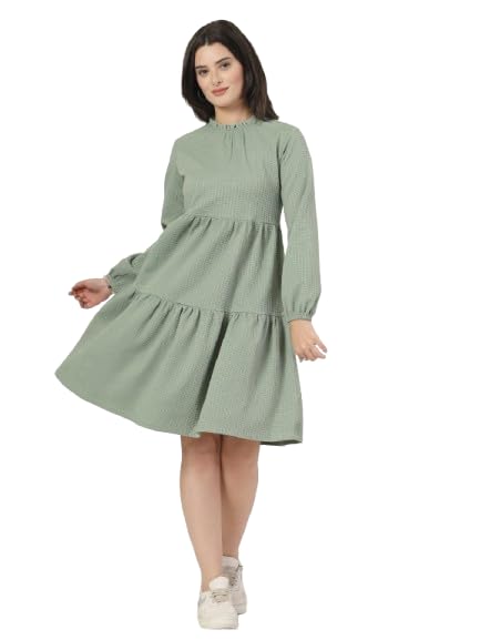 Robe tricotée verte gaufrée femme robe mi-saison chic à manches longues