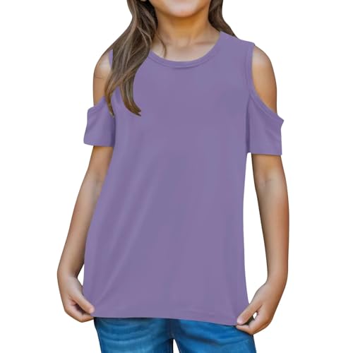 Girls Cold Shoulder Tops Summer Short Sleeve Round Neck T-Shirts Teen Girls Casual Loose Fit Solid Color Tee Shirt3