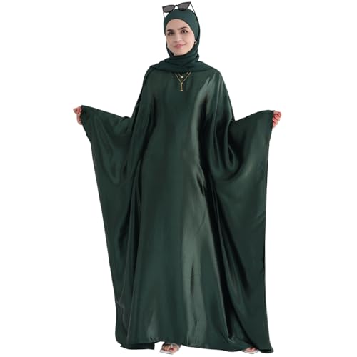 khalat Abaya Muslim Dress Women Satin Prayer Dress Batwing Long Sleeve Middle East Arabian Robe with Hijab Dark Green