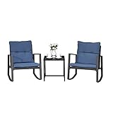COSIEST 3 Piece Bistro Set Patio Rocking Chairs Outdoor Furniture w Blue Cushions, Glass-Top Table for Garden, Pool, Backyard
