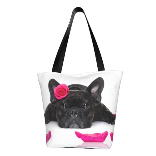 Bulldog francese con rosa, Borsa a tracolla di grande capacità, borse della spesa riutilizzabili, borse tote
