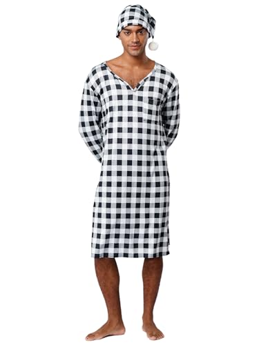 Mens Plaid Pajamas Robe Lightweight Nightshirts with Night Cap V Neck Long Sleeve Sleep Shirt2