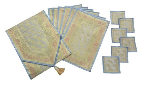 Image of Diwali Room Decor Silk Table Runner Placemats Tea Coaster Set for Living Room 4 to 6 Seater Dinning Table Table Mat Set Centre Table Top Decor Pack of 13 Pcs (Grey)