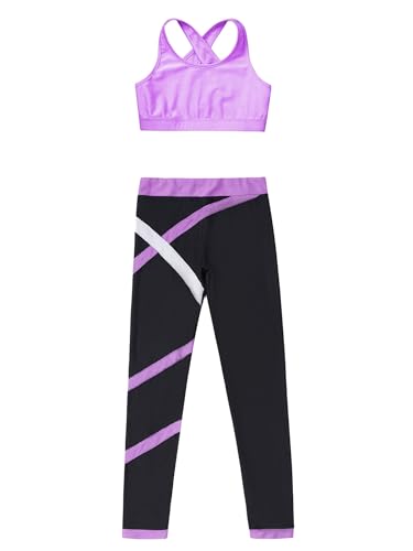 YEAHDOR Kids Girls 2 Pcs Sport Outfit Gymnastics Dance Athletic Outfits Sleeveless Crop Top with Leggings Set Dancewear Purple 12 Years3