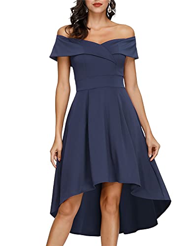 JASAMBAC High Low Dresses for Women Cocktail Party Wedding Guest Off The Shoulder Dress Navy L