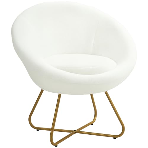 HOMCOM Poltrona da Camera da Letto in Finta Pelliccia, Poltrona Salotto Imbottita con Gambe in Metallo Dorato e Piedini Antiscivolo per Soggiorno, Sala da Pranzo, 75x66x79 cm, Bianco