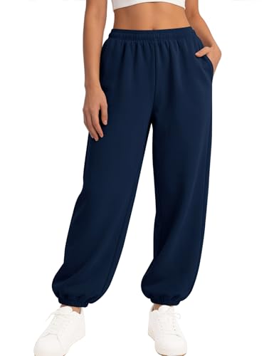LOMON Sweatpants Women Fleece Joggers Wide Leg Sweat Pants Baggy Gym Workout Sweatpant Winter Spring Inner Drawstring Clothes with Pockets (Navy Blue XS)