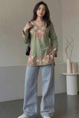 Buy ANNI Designer Short Kurti Women Viscose Embroidered Green - Image 6