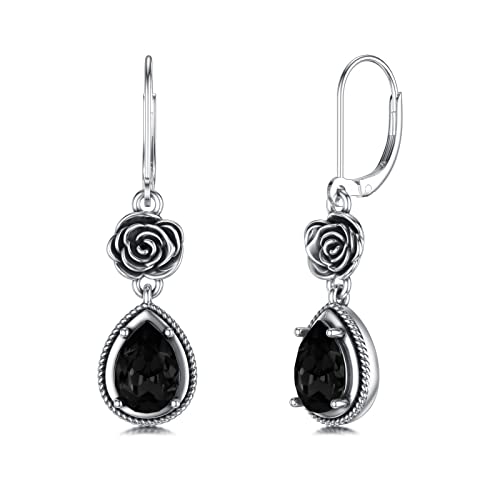 Vintage Rose Leverback Earrings 925 Sterling Silver Oxidized Retro Antique Dangle Earrings with Crystal from Austria, Valentine Wedding Jewelry Gifts for Women