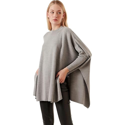 Image of Women's Crew Neck Batwing Sleeve Split Hem Oversized Knit Poncho Sweater