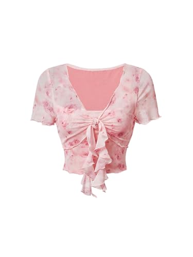 Girl's Floral Sheer Mesh Crop Top Tie Front Ruffle V Neck Short