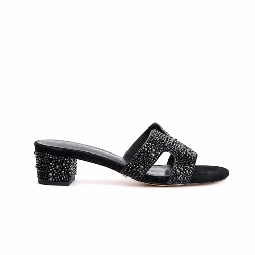 XOBZJH Evening Dress Shoes Rhinestone Black Block Heeled Sandals for Women 2025,Designer Luxury Crystals Slides H Sandals for Wedding Party Footwear4