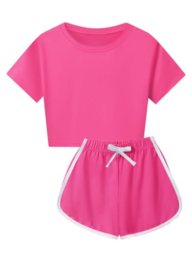 Kids Girls Sports Outfits Cotton Short Sleeve T-shirt Shorts Set For Summer Casual Workout Dance Hot Pink 7-8 Years