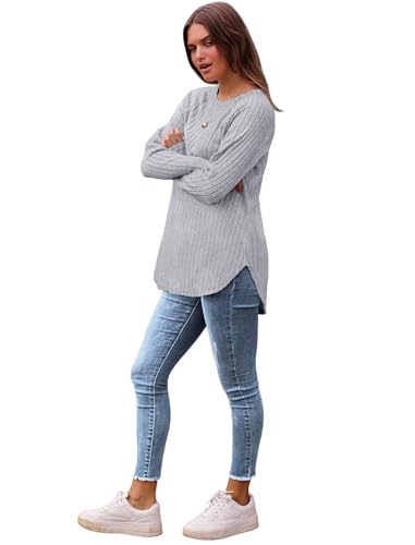 Image of Saloogoe Long Sleeve Shirts for Women 2025 Fall Clothes Tunic Tops Loose Fit Dressy Crewneck Pullover Sweaters Curved Hem