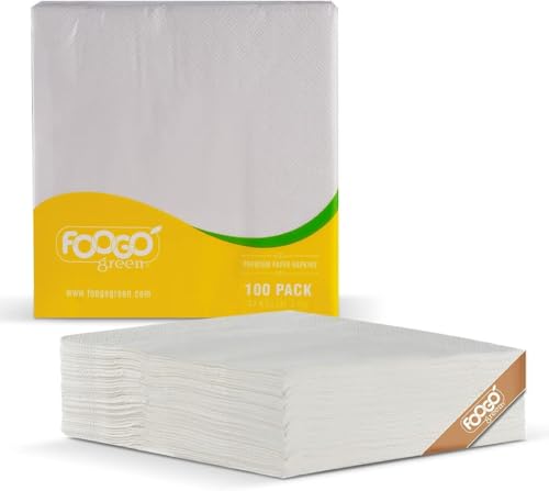 FOOGO Green 100pcs Elegant White Paper Napkins FSC Certified 33 x 33 cm 2 Ply Strong Paper Serviettes Fully Home Compostable Super Soft Paper Tissues Cocktail Disposable Napkins