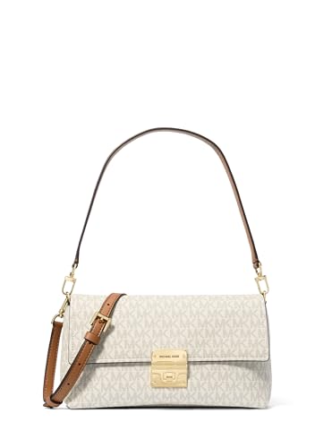 Michael Kors Addie Medium Convertible Pouchette Crossbody Bag, Gold-Tone Hardware/MK Signature Coated Twill/Vanilla/Acorn