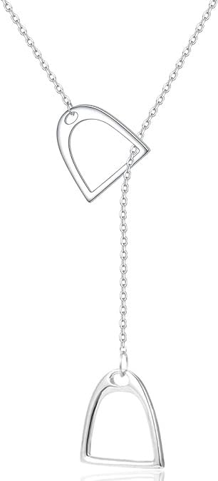 S925 Sterling Silver Double Horse Stirrup Lariat Necklace Y Style Layered Horseshoe Pendant