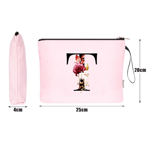 Image of Vavabox A-Z Personalized Makeup Bag, Birthday Gifts for Women Mom, Gifts for Best Friend, Bride Bridesmaid Cosmetic bag (T, Pink)