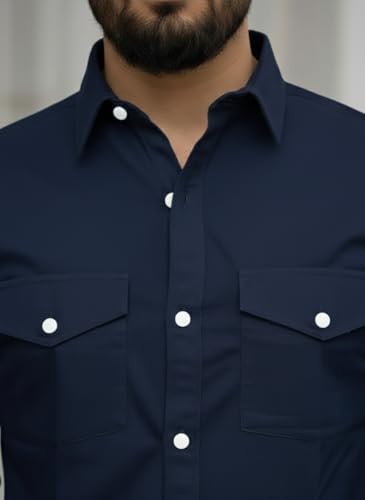 Image of DEELMO Men's Classic Cotton Blend Slim Fit Shirt || Full Sleeve Button-Down Casual Shirt with Dual Flap Pockets || Soft Breathable Fabric || Ideal for Office Party and Everyday Wear