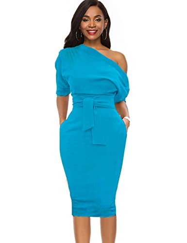 Image of Nature Comfy Elegant Womens Wear to Work One Shoulder Belted Pencil Dress