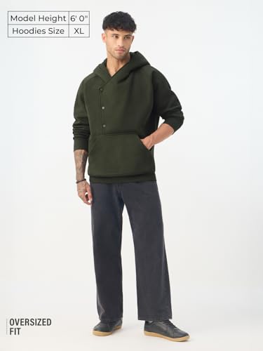 Image of The Souled Store Oversized Hoodie: Cypress Men and Boys Full Sleeves Hooded Neck Solid Cotton Blend Asymmetric Pullover Oversized Hoodies