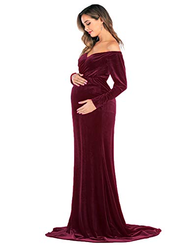 JustVH Velvet Maternity Off Shoulder Half Circle Fitted Gown Maxi Photography Dress for Baby Shower Photo Props Dress Burgundy - Image 5