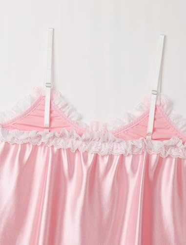 ABAFIP Men's Sissy Nightwear Satin Shiny Ruffle Lace Mini Nightdress Spaghetti Strap Crossdress Nightgown 5