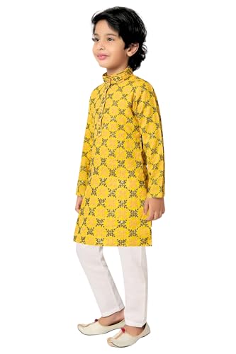 Image of TinySteps Boys' Ethnic Wear - Cotton Lakhnavi Chikan Kurta with Golden Sequence Work and Elastic Waist White Cotton Pajama - Festive & Wedding Outfit