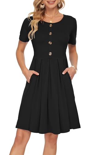 AUSELILY Women's Short Sleeve Summer Dress Pleated Button Down Knee Length Dresses with Pockets 2025 New